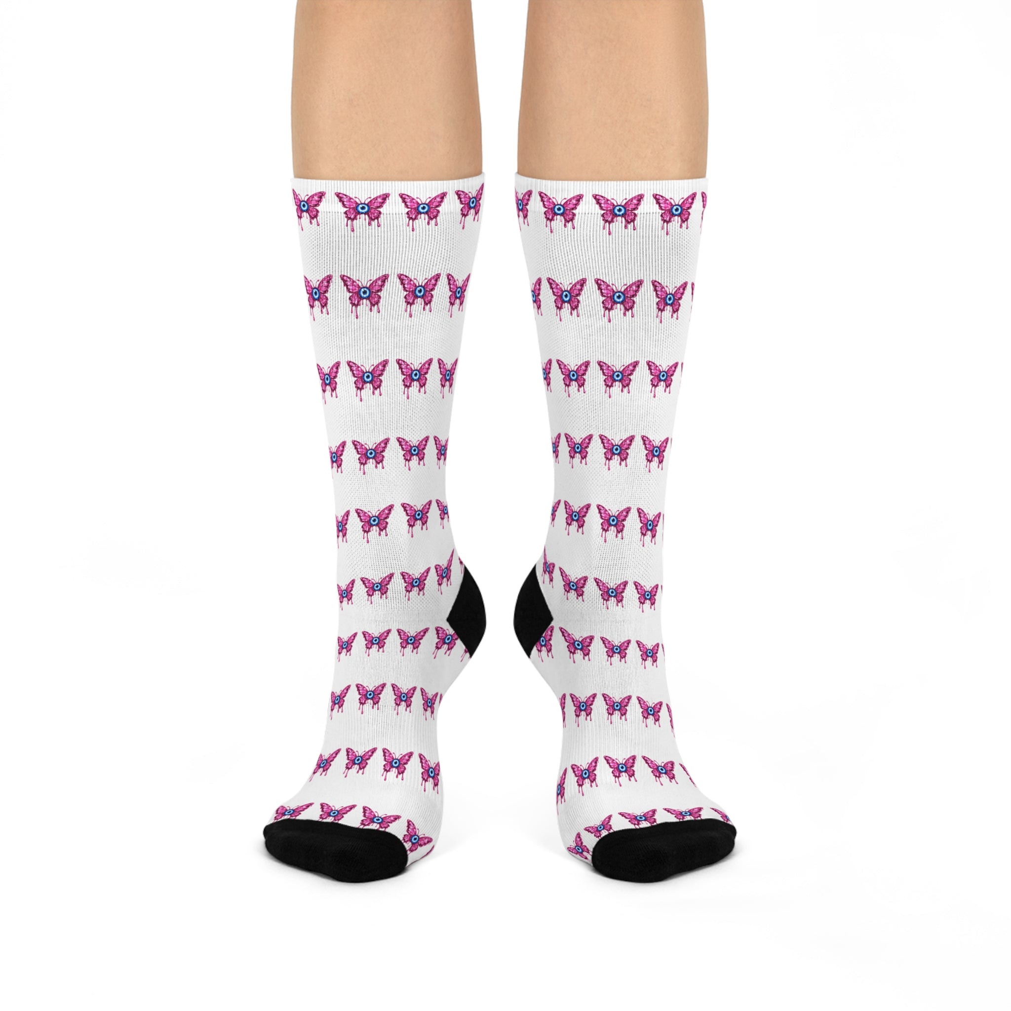Butterfly Protection Cushioned Crew Socks with the blue Evil Eye